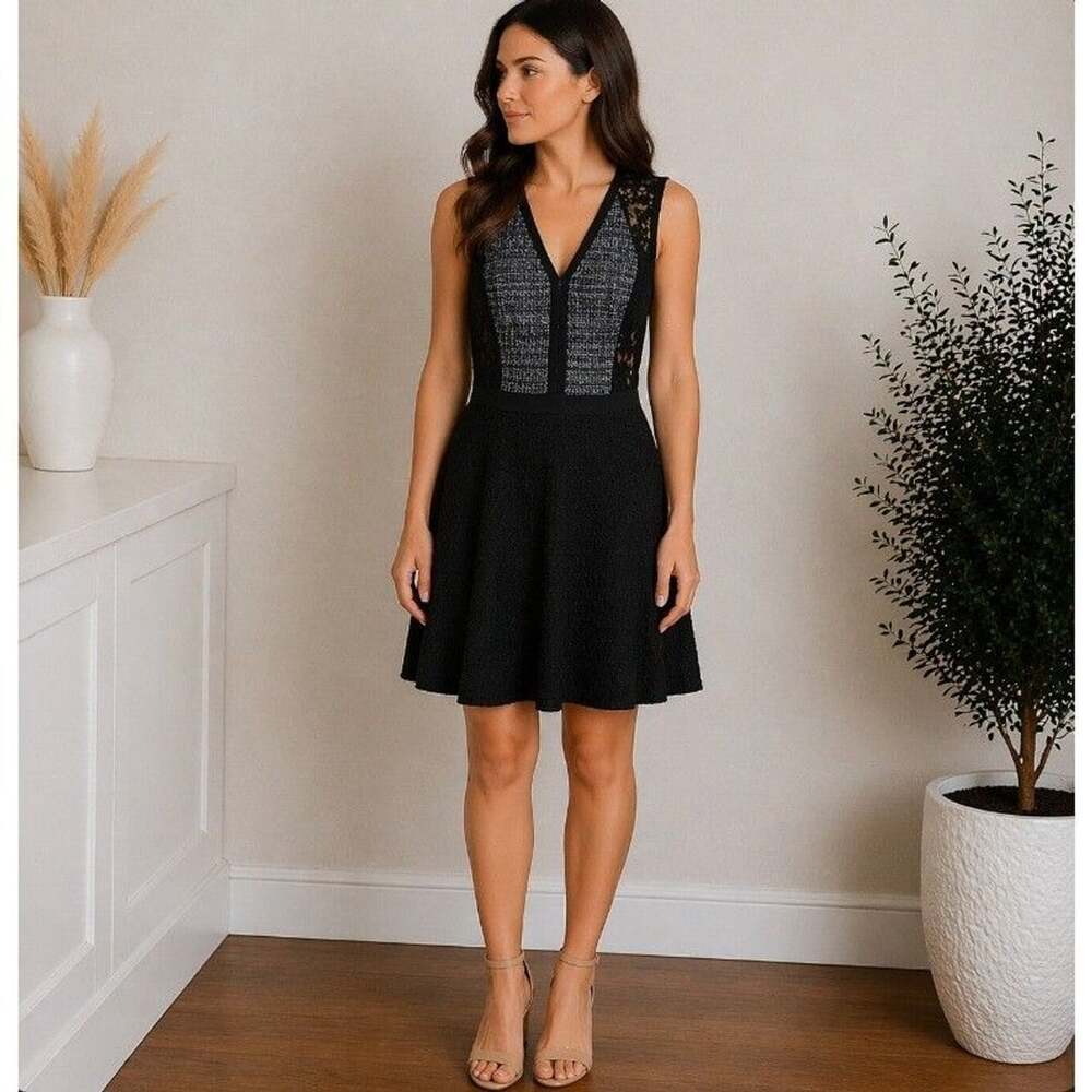 Rebecca Taylor Black Navy Tweed Lace Pleated Fit and Flare Dress Size 4